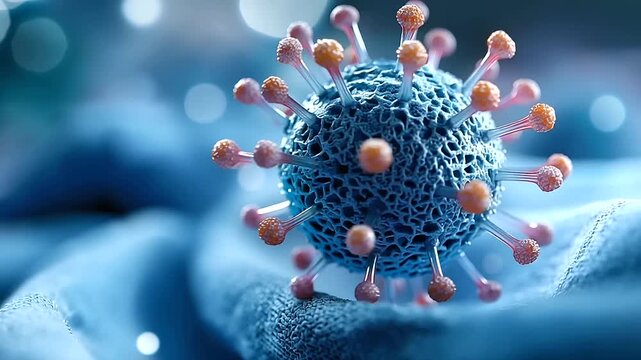 Abstract macro 3D render of a virus particle on a simulated fabric weave surface the fine microfibre texture of the weave visible in extraordinary detail alongside the virus