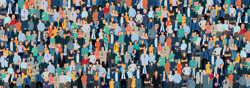 Illustration vectorielle repr&eacute;sentant une foule de personnages, familles, enfants, hommes et femmes, de races et d'&acirc;ges diff&eacute;rents