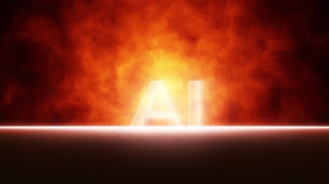 Glowing AI text emerging on fiery background with intense light and smoke, symbolizing danger, disruption and risks of modern technology and artificial intelligence. Seamless looping animation.