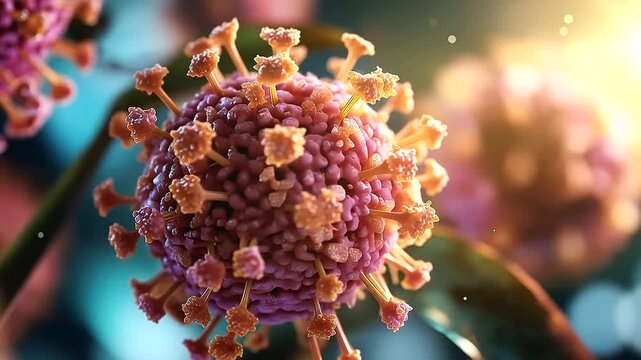 Macro 3D render close up of a single vivid virus particle in extraordinary photorealistic scientific illustration style fine surface protein spike structures in precise detail