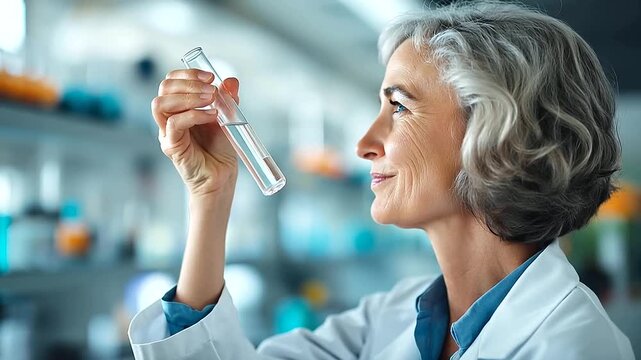 Close up portrait of a smiling mature female scientist from the side in a bright research laboratory holding laboratory glassware at shoulder height with a warm and confident