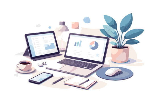 Kawaii multitasking setup simple icon vector image workspace tablet freelancer generation laptop