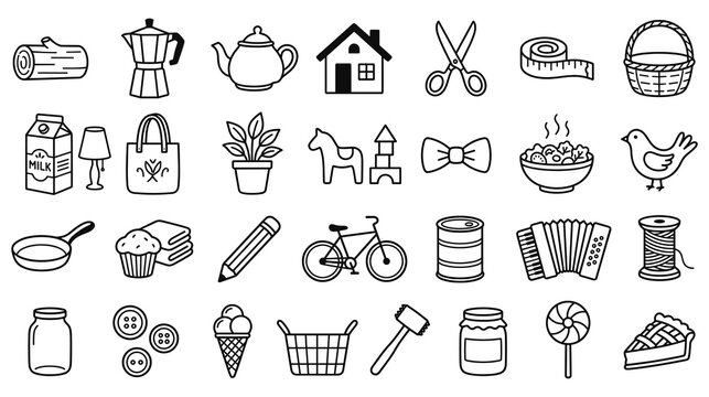 Collection of domestic objects and household items in line art style