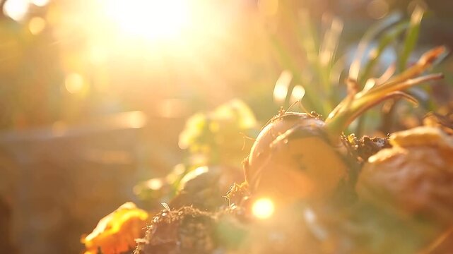 Close up of a community compost pile section illuminated by warm golden hour sunlight vivid organic material in multiple stages of decomposition visible the biological