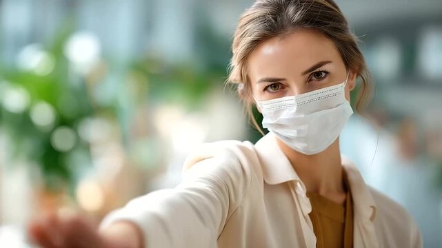 Faceless young woman from behind in a bright clean space one hand raised in a firm stop gesture toward the camera a protective face mask visible on her face the gesture