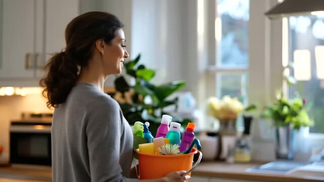 Faceless happy woman from behind in a bright home kitchen holding a bucket filled with colorful cleaning supply bottles the kitchen interior bright and clean around her warm
