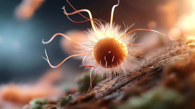 Macro 3D render of a vivid soil bacterium known for decomposition and fermentation roles the organism's surface structures and fine endospore details rendered in