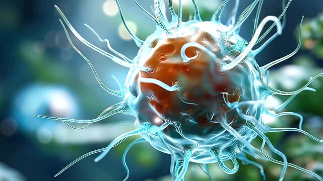 Abstract macro 3D render of a single bacterium with a visible slime layer surrounding the cell surface the slime layer rendered as a translucent aqueous coating in fine detail