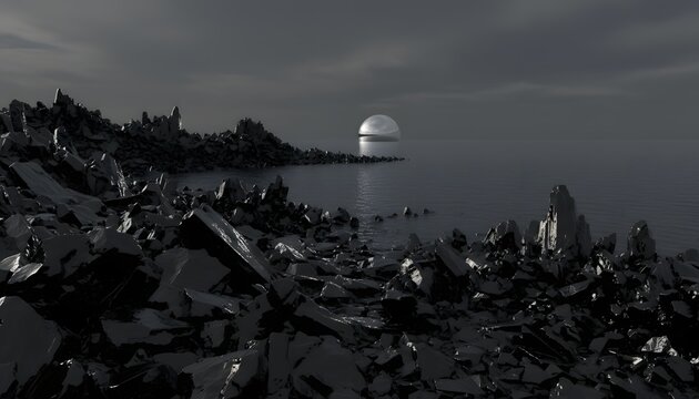 A desolate, rocky landscape with a large, white, domed object on the horizon