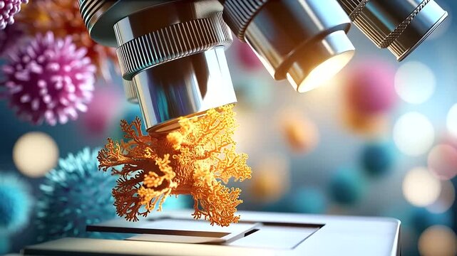 Abstract 3D visualization of viruses and bacteria in a simulated bright laboratory microscope view multiple organism types in vivid warm and cool colors interacting in a complex