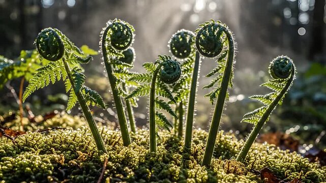 Green fern fiddleheads unfurl in misty, mossy forest, backlit by sunlight. Time-lapse captures new life, growth, and natural awakening, ideal for spring, ecology, botanical, and wellness content.