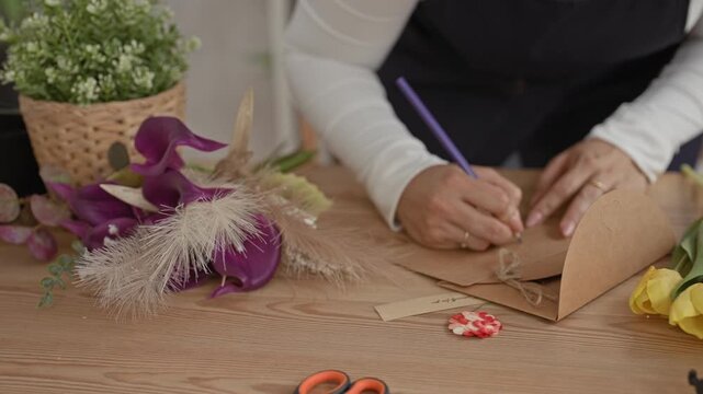 Woman florist writing with a purple pen and tying twine on a kraft envelope in a studio; care craft.