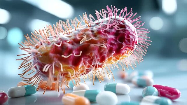 Abstract 3D render visualization of a drug resistant bacterial superbug evolving in a bright clinical illustration style the bacterium rendered as a vivid oversized cell towering