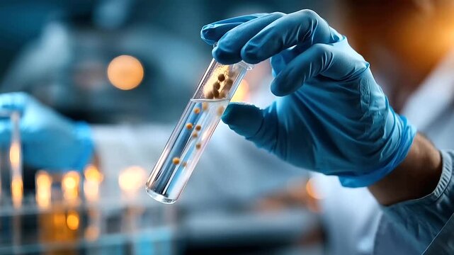 Close up of a faceless scientist's gloved hands from above blue latex gloves in sharp detail holding a glass test tube containing a cloudy bacterial culture sample