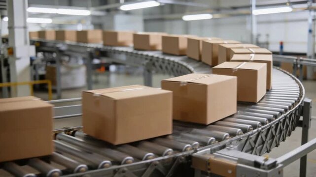 Parcels Moving Along Curved Conveyor Belt In Automated Warehouse Facility