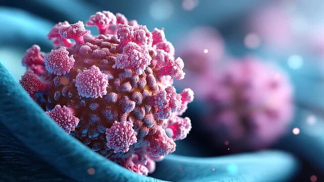 Abstract macro 3D render of a virus particle on a simulated fabric weave surface the fine microfibre texture of the weave visible in extraordinary detail alongside the virus