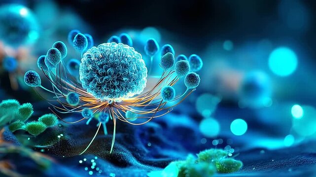 Abstract digital art composition of a vivid electric blue pattern of bacteria and cells multiple microorganism forms creating an intricate underwater garden aesthetic vivid teal