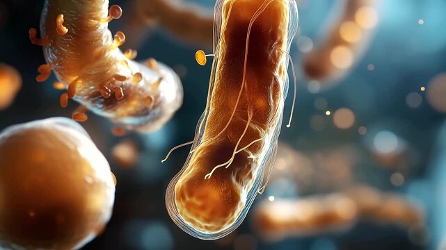 Abstract macro 3D render of gram positive bacteria cells in vivid photorealistic detail thick peptidoglycan cell wall structure visible as a distinct layer around each organism