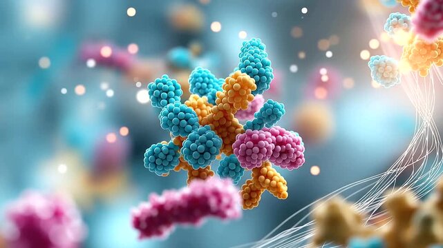 Abstract 3D visualization of the human microbiome landscape a vivid diverse community of beneficial microorganisms in multiple shapes and colors coexisting in a glowing
