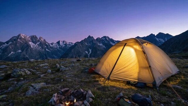 Illuminated Yellow Camping Tent And Campfire In Mountains At Twilight