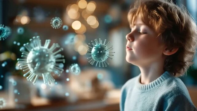 Wide concept illustration of a small child from the side sneezing into a tissue the surrounding air rendered with a vivid swirl of semi transparent microscopic pathogen