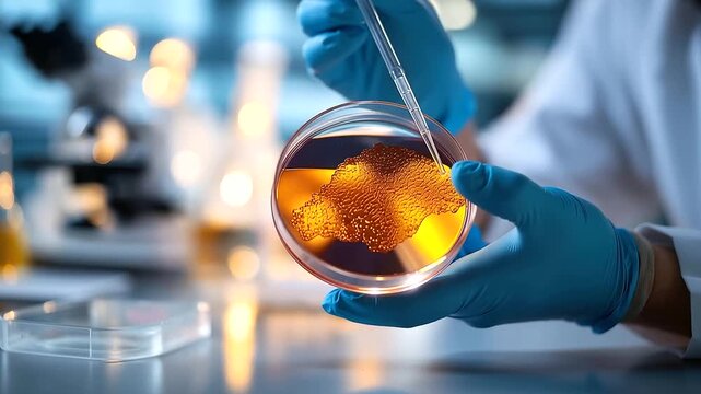 Close up of faceless laboratory technician hands from above at a bright microbiology workstation a wire inoculation loop visible in one gloved hand transferring