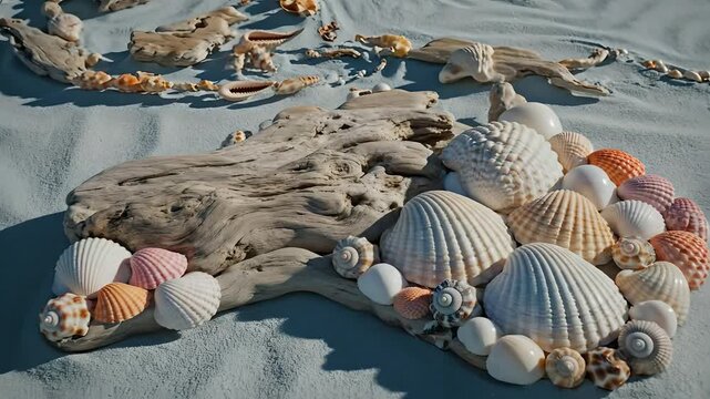 World map crafted from driftwood and seashells on sand, zooming into Australia. Ideal for travel, environmental, educational, or tourism promotions for Oceania and Southeast Asia,