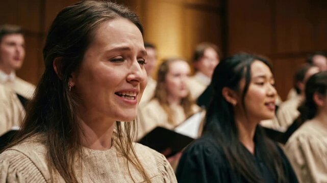 Beautiful Woman Singing in Choir During Musical Performance