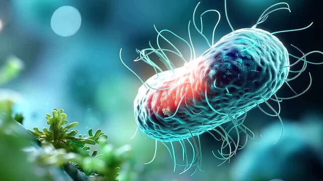 Abstract macro 3D render of a single bacterium with a visible slime layer surrounding the cell surface the slime layer rendered as a translucent aqueous coating in fine detail