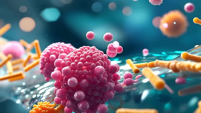 Abstract 3D visualization of the human microbiome landscape a vivid diverse community of beneficial microorganisms in multiple shapes and colors coexisting in a glowing