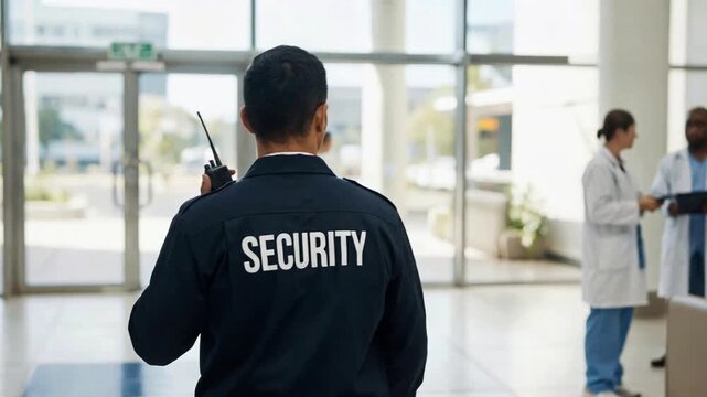 Male Security Guard with Radio Walking in Modern Hospital Lobby
