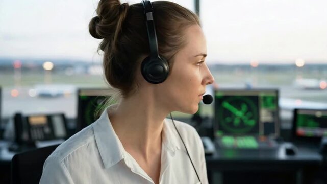 Female Air Traffic Controller with Headset Working in Airport Tower