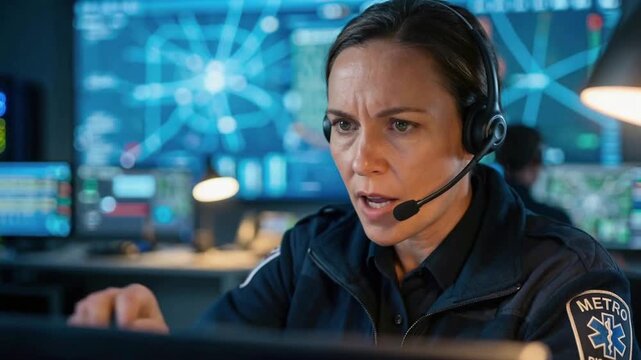 Female Emergency Dispatcher with Headset Working in Dark Control Room