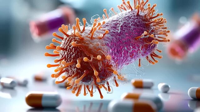 Close up of a faceless person's hands from above holding a smartphone colorful cartoon microbe sticker decals applied to the phone case surface in a visual hygiene