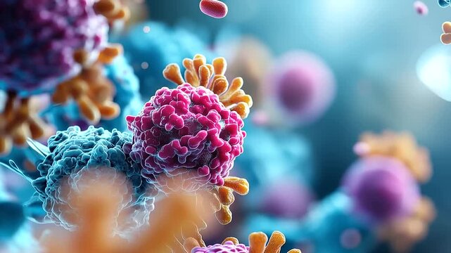 Abstract 3D visualization of viruses and bacteria in a simulated bright laboratory microscope view multiple organism types in vivid warm and cool colors interacting in a complex
