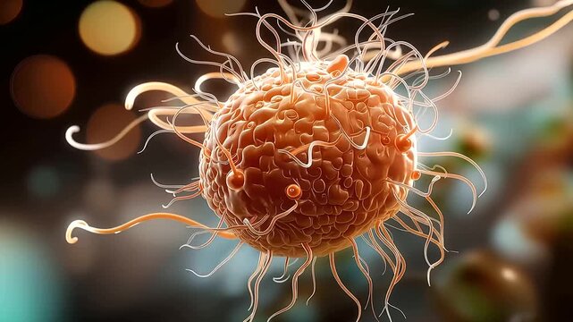 Macro 3D render close up of a bacterium showing fine hair like pili projections covering the cell surface and detailed surface texture in photorealistic precision warm amber