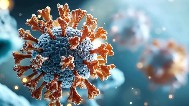 Abstract 3D render of a virus in vivid dynamic motion protein surface spikes in extraordinary structural detail the particle rendered against a clean bright background with