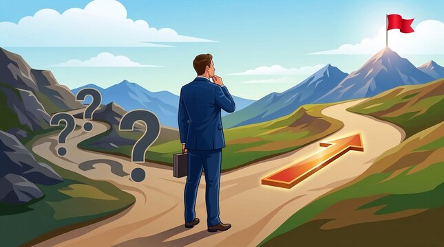 Businessman contemplating a path to success in mountainous landscape  