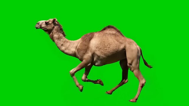 Dynamic Shot of a Dromedary Camel Running Across a Vibrant Green Screen, Ideal for Chroma Key Compositing and Wildlife Projects