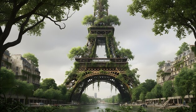 A serene Eiffel Tower with lush greenery