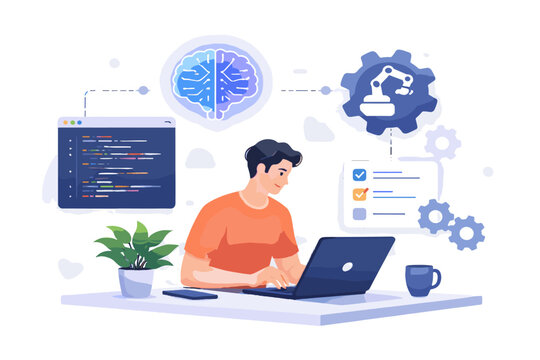 Developer simple image flat design automation generation workflow code vector cute illustration icon ai