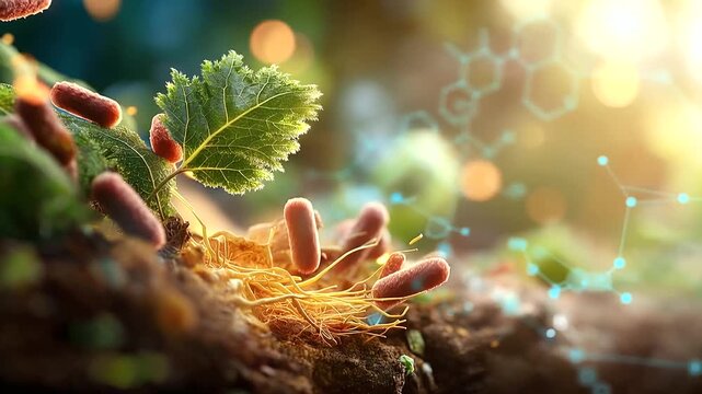Abstract ecological visualization of decomposers at work a vivid microscopic illustration of bacteria and fungal filaments breaking down organic leaf litter in fine detail