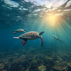 Obraz premium Majestic Sea Turtle Swimming Gracefully in Clear Ocean Water with Dramatic Sunlight Rays Photography