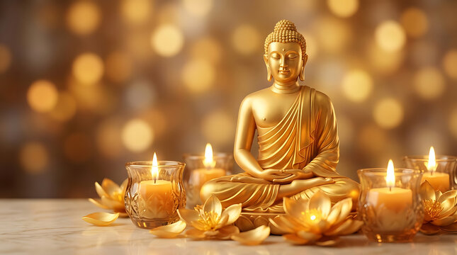 Elegant golden buddha with warm bokeh lights and lotus candles for mahvir jayanti and buddha purnima luxury religious background and spiritual wellness for zen meditation