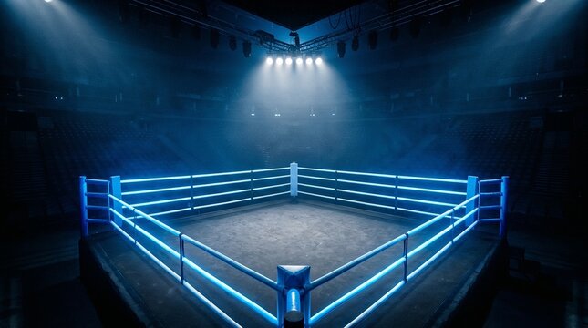 An empty boxing ring, illuminated by blue lights within a darkened arena&mdash;awaiting a bout.