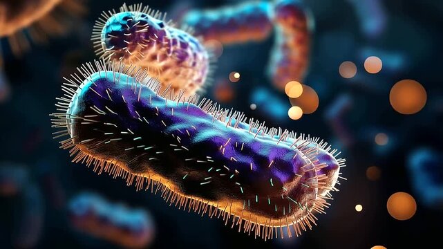 Macro 3D render close up of multiple bacteria cells in vivid photorealistic scientific illustration style fine surface protein details in extraordinary resolution warm