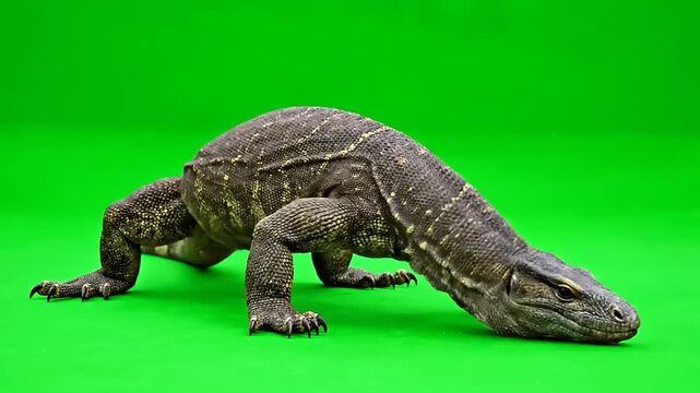 Detailed full body shot of a large Komodo dragon lizard with textured skin and sharp claws against a vibrant green background
