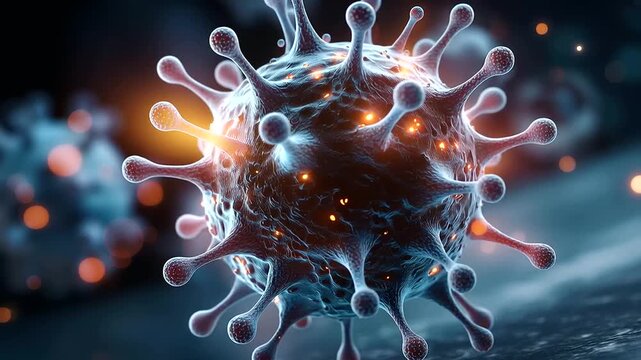 Macro 3D render close up visualization of a single virus particle magnified to extraordinary scale fine surface protein spikes in precise structural detail the particle's