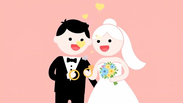 Animated Wedding Couple Smiling and Showing Rings on Pink Background