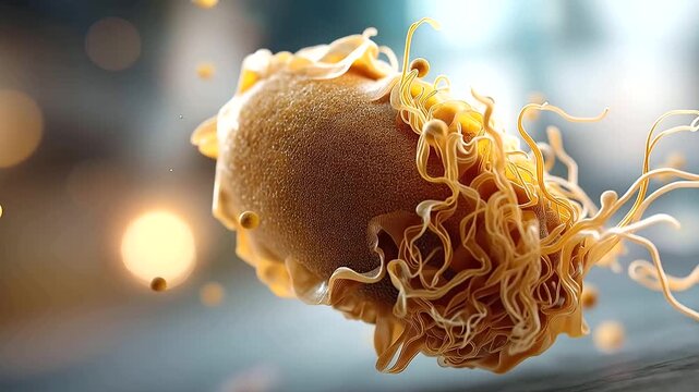 Abstract 3D rendered illustration of a single bacterium in vivid photorealistic scientific style fine surface protein structures and membrane layers visible in extraordinary